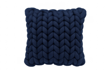 Navy blue chunky knit merino wool pillow isolated on transparent background