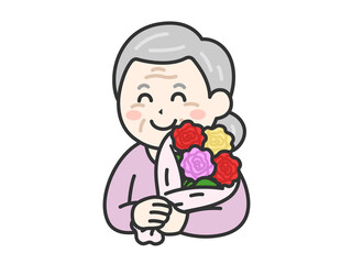 敬老の日に、花束をプレゼントされた、笑顔の祖母のイラスト｜敬老の日