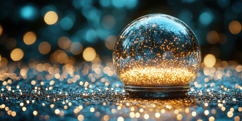 Glass Orb with Golden Particles on a Blue Bokeh Background,up by Nha Vu