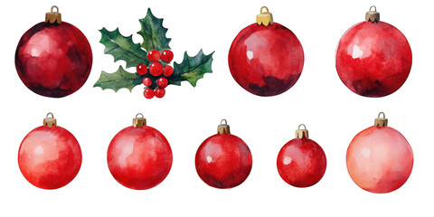 Red Watercolor Christmas Ornaments and Holly with Berries bauble decoration isolated on a transparent background