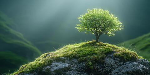 A Small Tree Growing on a Mossy Hilltop in a Misty Landscape,up by Nha Vu