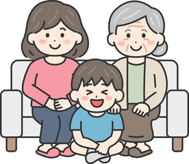 Obraz premium 敬老の日に、祖母と母と家族写真を撮る、男の子のイラスト｜敬老の日