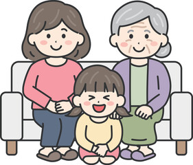 敬老の日に、祖母と母と家族写真を撮る、女の子のイラスト｜敬老の日