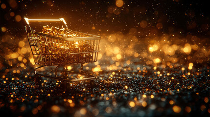 Glistening Gold Shopping Cart on a Shiny Surface with Bokeh Lights ,up by Nha Vu