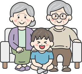 敬老の日に、ソファで祖父母と写真を撮る、男の子のイラスト｜敬老の日