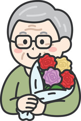 敬老の日に、花束をプレゼントされた、祖父のイラスト｜敬老の日