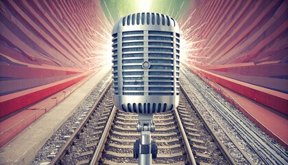 Vintage Microphone on Railway Tracks: A Symbol of Powerful Performance, The Retro Microphone Standing Tall on the Railroad: A Unique Blend of Sound and Journey