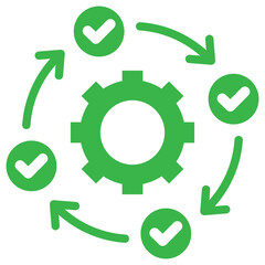 Green gear with checkmarks and arrows forming a circular workflow process isolated on transparent background