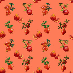 Pomegranate pattern, orange background, cute seamless pattern element for sale, banner, poster, wallpaper, fabric and gift wrapping paper.