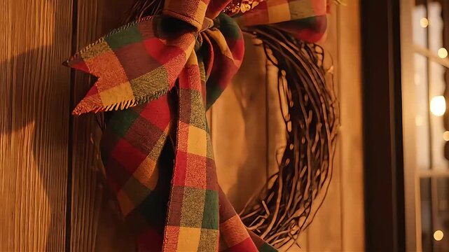 Rustic Fall Wreath on Wooden Door Decorated with Plaid Ribbon.