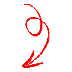 A vibrant red swirling arrow symbol with a sharp point indicating direction isolated on transparent background
