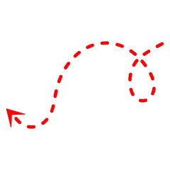 Abstract flowing red dashed line with arrowheads forming a dynamic curve isolated on transparent background