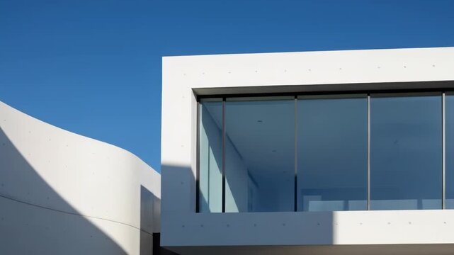 An abstract, minimalist architectural composition with white, curved walls alongside a rectangular section with large windows under a bright blue sky