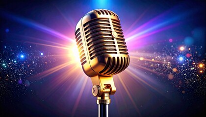 Retro Microphone Bathed in Stage Lights, Shining Gold Microphone Against a Vibrant Light Show Background