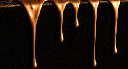 Golden liquid dripping down a dark surface creating a visually striking and elegant abstract pattern
