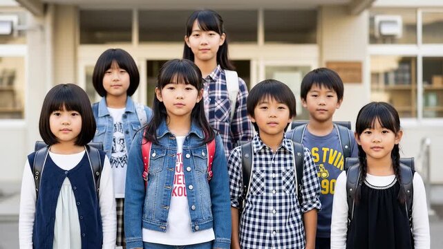 校舎前に並ぶ笑顔の小学生