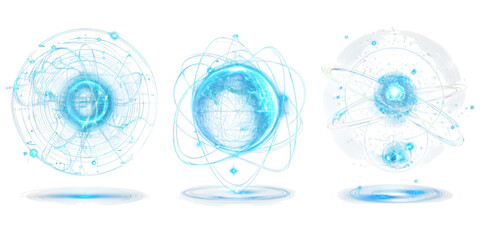 Three glowing blue abstract spheres with orbiting rings and data patterns graphic design isolated on a transparent background