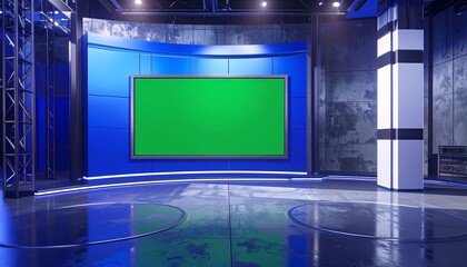 Empty virtual TV studio background, blue design, green screen display.