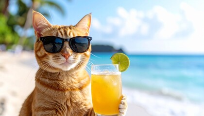 Orange tabby cat in sunglasses holding drink on beach with island and ocean.