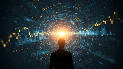 Silhouette of a person facing a swirling vortex of data and financial charts, representing technological advancement and future insights.