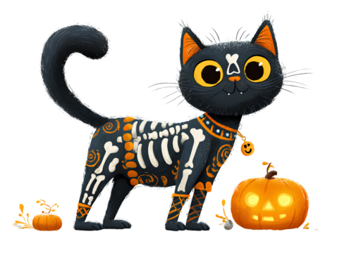 Black cat with skeleton design and pumpkins for Halloween isolated on a transparent background