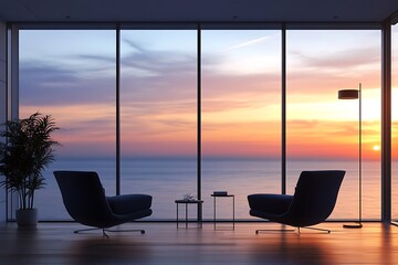 Sophisticated setting with navy chairs, floor-to-ceiling window opening to a soft peach dusk, minimal floor lamp light creating long shadows 