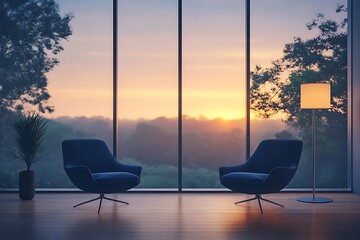 Sophisticated setting with navy chairs, floor-to-ceiling window opening to a soft peach dusk, minimal floor lamp light creating long shadows 