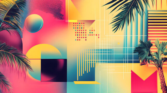 Vibrant abstract geometric art with tropical palm leaves and sunset hues creates a modern retro vibe.