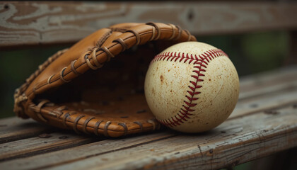 A worn baseball rests beside a brown leather baseball glove on a weathered wooden bench, suggesting a break from the game.