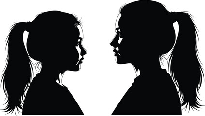 Silhouette of two women with ponytails, artistic profile view, black contour, minimalist portrait, dramatic lighting, elegant hairstyle, side face