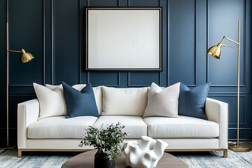 Stylish living room with navy blue paneled wall, cream linen sofa, monochrome frames, brass floor lamp, and a sculptural coffee table centerpiece 