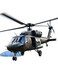 Helicopter in flight, mountain backdrop