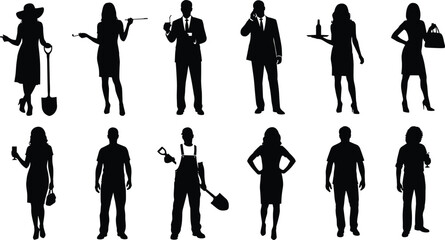 Silhouettes of diverse people, holding tools, phone, tray, handbag, shovel, casual poses, work attire, standing figures, occupational variety