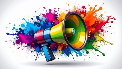 A vibrant multicolored megaphone surrounded by abstract paint splatters,A striking representation of communication and creative expression