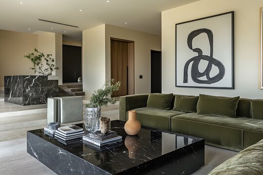 Stylish living room with olive green sofa, black marble table, glass vases, minimal lighting, and bold line art on soft beige walls 