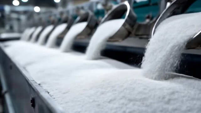 Close-up view of a sugar production line showcasing granulated sugar being processed and poured, with industrial machinery in the background emphasizing the manufacturing environment