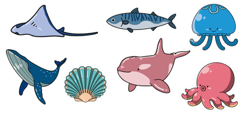 Cute marine creatures - mackerel, stingray, humpback whale, killer whale, jellyfish, octopus, scallops
