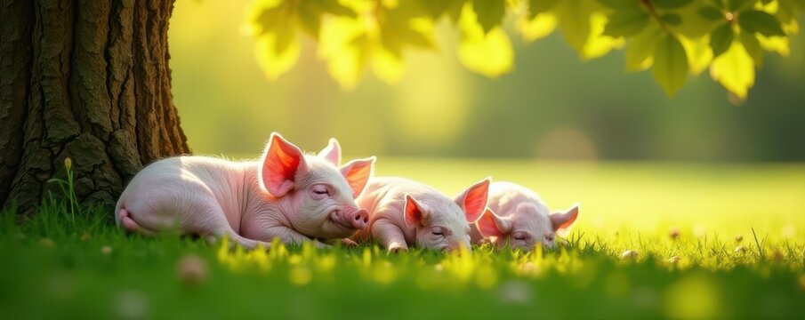 Three pink piglets snooze beneath a leafy tree in warm sunlight , young, pigs