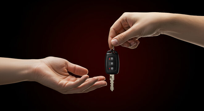 Hands exchanging house keys during important real estate transaction