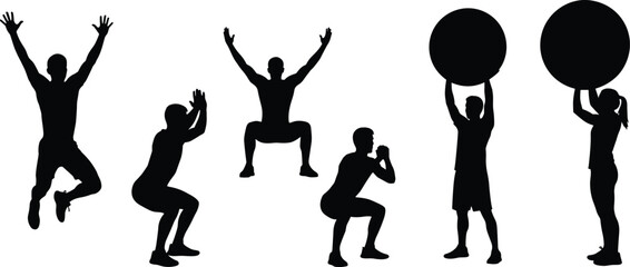 Silhouettes of fitness exercises, jumping pose, squatting motion, exercise ball lift, workout routine, black contour, physical activity, gym training