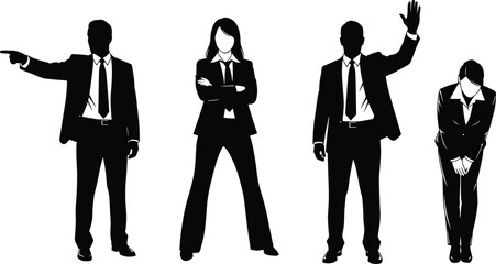 Silhouettes of four business people in varied poses, corporate attire, professional gestures, teamwork, leadership, communication, respect, office culture