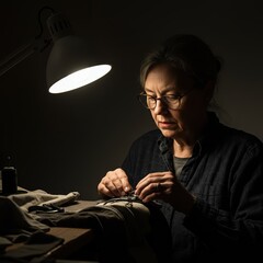 Focused woman sewing clothes under desk lamp, tailoring and fabric mending in low light, creative handicraft and garment repair