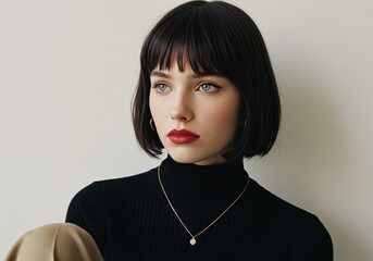 Close-up portrait of a stylish young woman with striking blue eyes, red lipstick, and short black bob haircut wearing a black turtleneck sweater and gold pendant necklace
