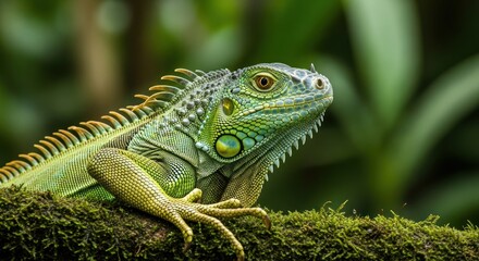 Fototapeta premium Close-up of vibrant iguana on mossy branch