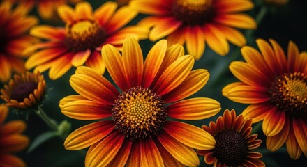 Fototapeta premium Close-up of vibrant orange-red flowers. Clusters of sunflowers in various stages of bloom, with a deep dark background. Bright orange and deep red petals, central disc