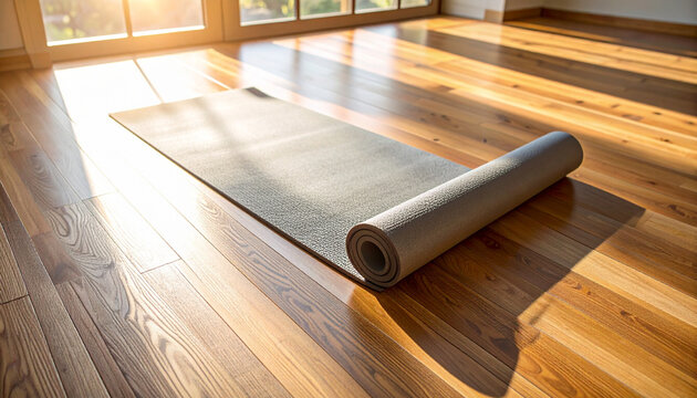 Yoga Mat Unrolled on Hardwood Floor in Sunny Room
