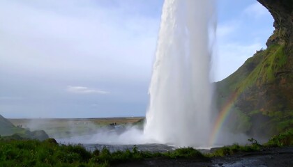 Majestic Waterfall Cascading Down a Lush Green Cliff Face in Iceland.