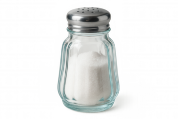White table salt spilling from transparent glass shaker, showcasing culinary seasoning against clean backdrop