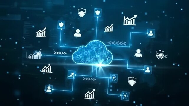 Abstract digital graphic of interconnected cloud computing, security, and data growth icons - Powered by Adobe