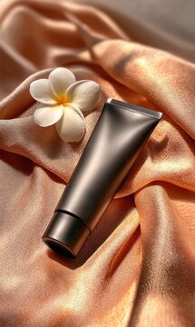 Minimalist black cosmetic tube on peach silk with white flower, luxury skincare product, beauty brand campaign, elegant packaging, clean aesthetic, vertical composition